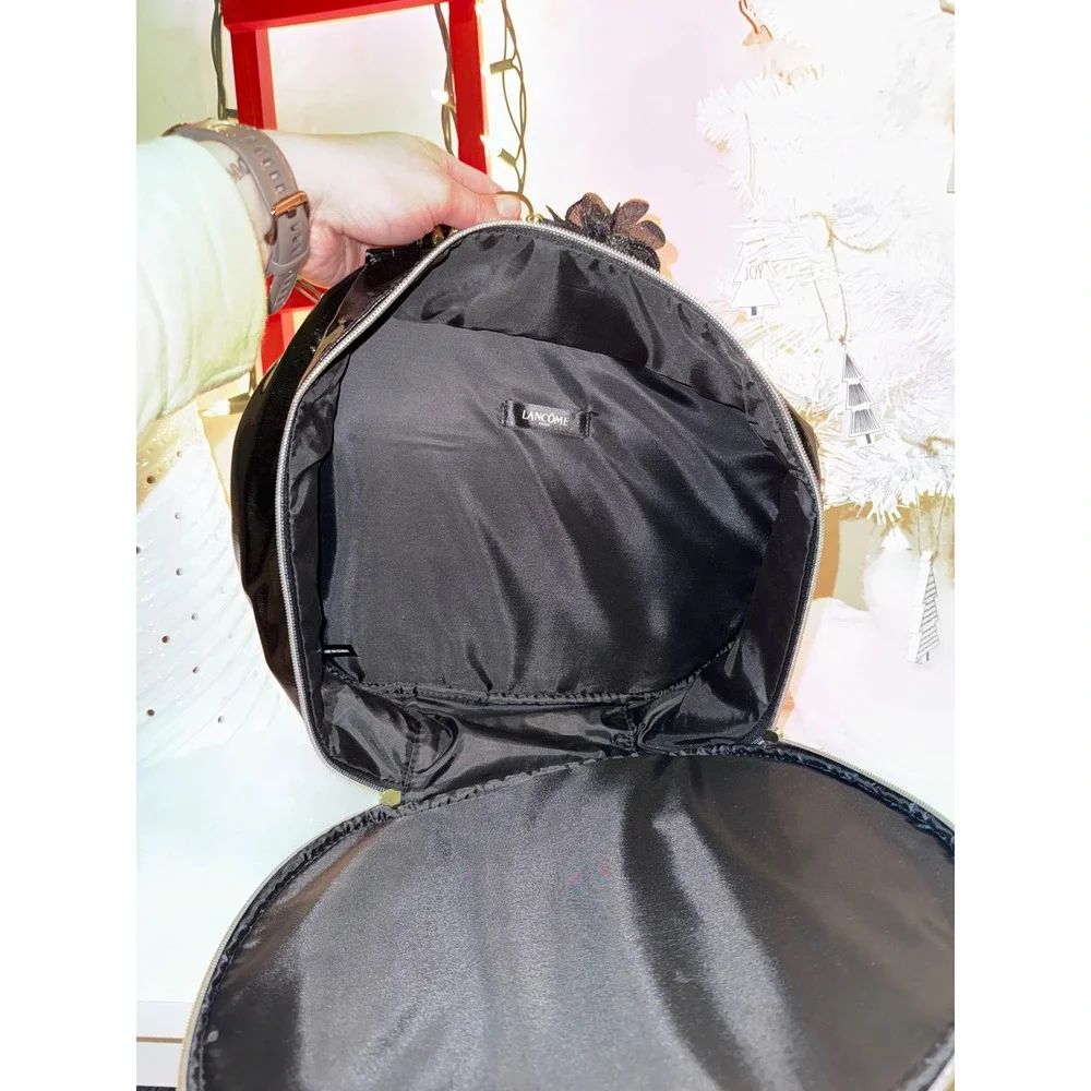Lancome Black Patent Round Vanity Makeup Train Case Bag Cosmetic‎